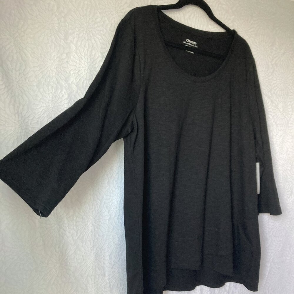 CHICO’S 3/4 Sleeve Crossover Cotton Basic Knit Slub Tunic Tee Black Size 3